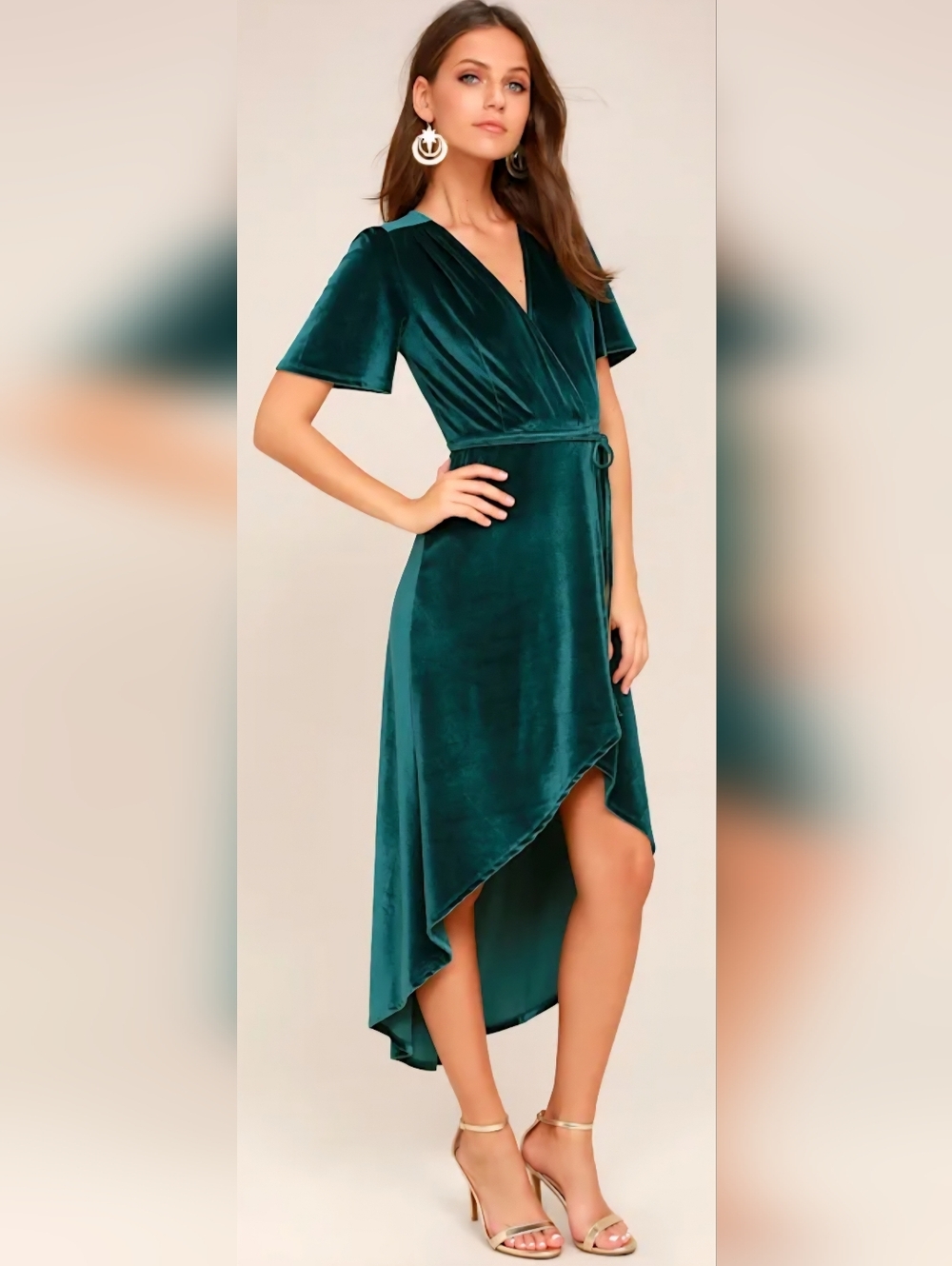 Lulus Green Velvet Wrap Dress Holiday Party Elegant Midi High Low Hem Christmas